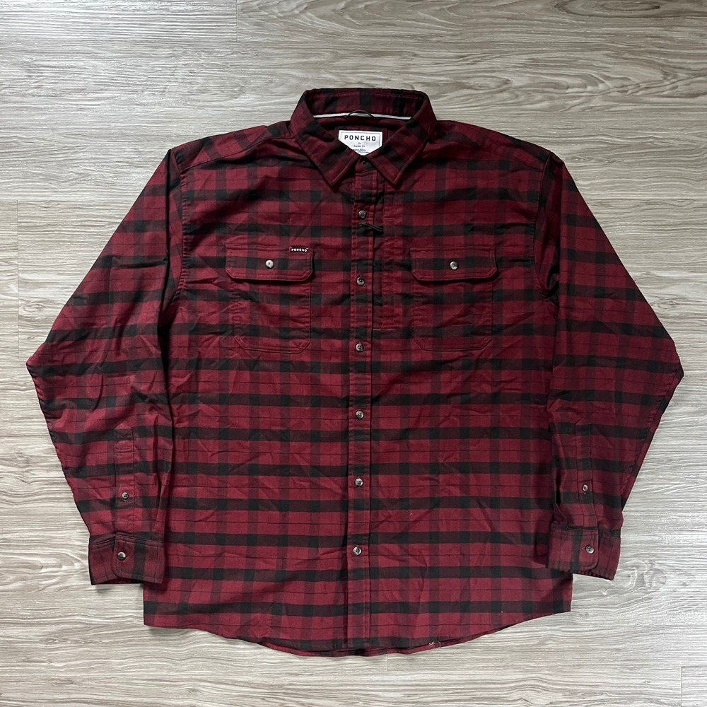 Poncho Mens XL Regular Fit Red Black Buffalo Plaid Magnetic Button Down Shirt